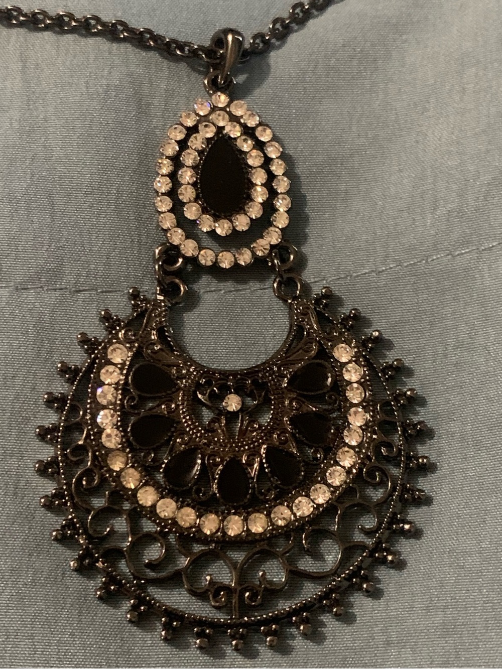 Park Lane Black Filigree Crescent Pendant Necklace with Clear Crystals